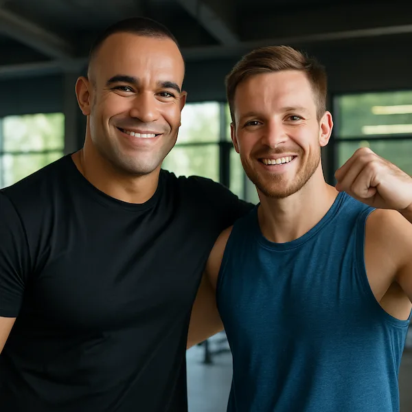 Treinador David, personal trainer particular em Brasília, sorrindo com aluno após conquista de resultados