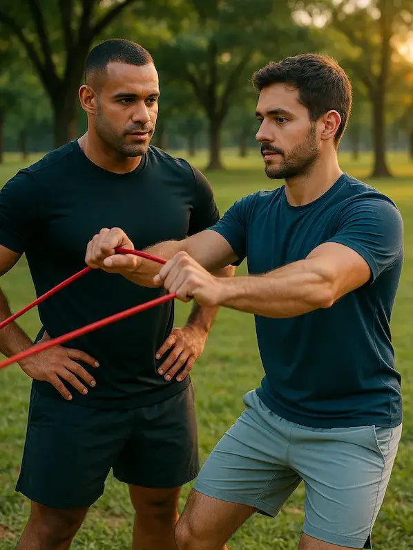 Treinador David, personal trainer particular em Brasília, orientando aluno em treino ao ar livre no Parque da Cidade