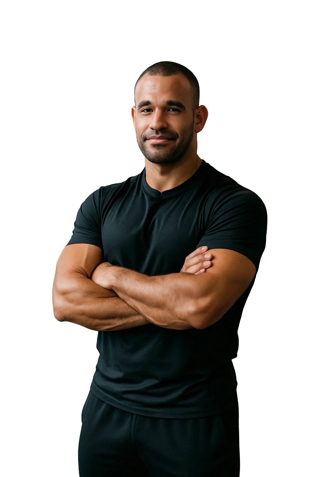 Início 1 Treinador David com braços cruzados, especialista em musculação e coaching
