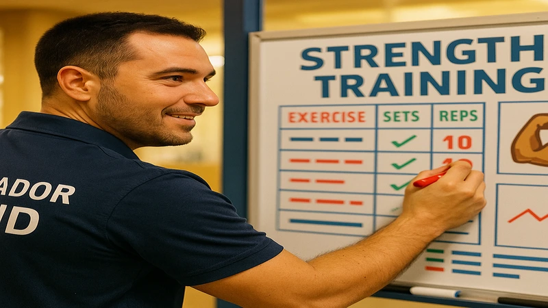 Treinador David esboçando plano de musculação no quadro branco Treinador David Elaborando Plano De Treino De Musculação Em Quadro Branco Na Academia