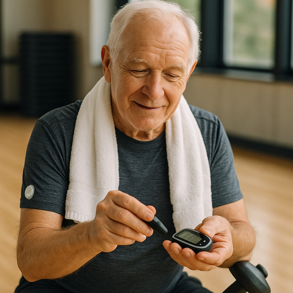 Idoso com diabetes monitorando glicemia antes do treino adaptado