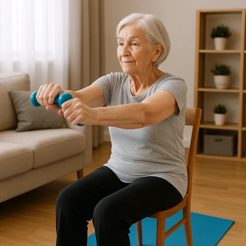 Idosa realizando exercício adaptado para osteoporose com supervisão profissional