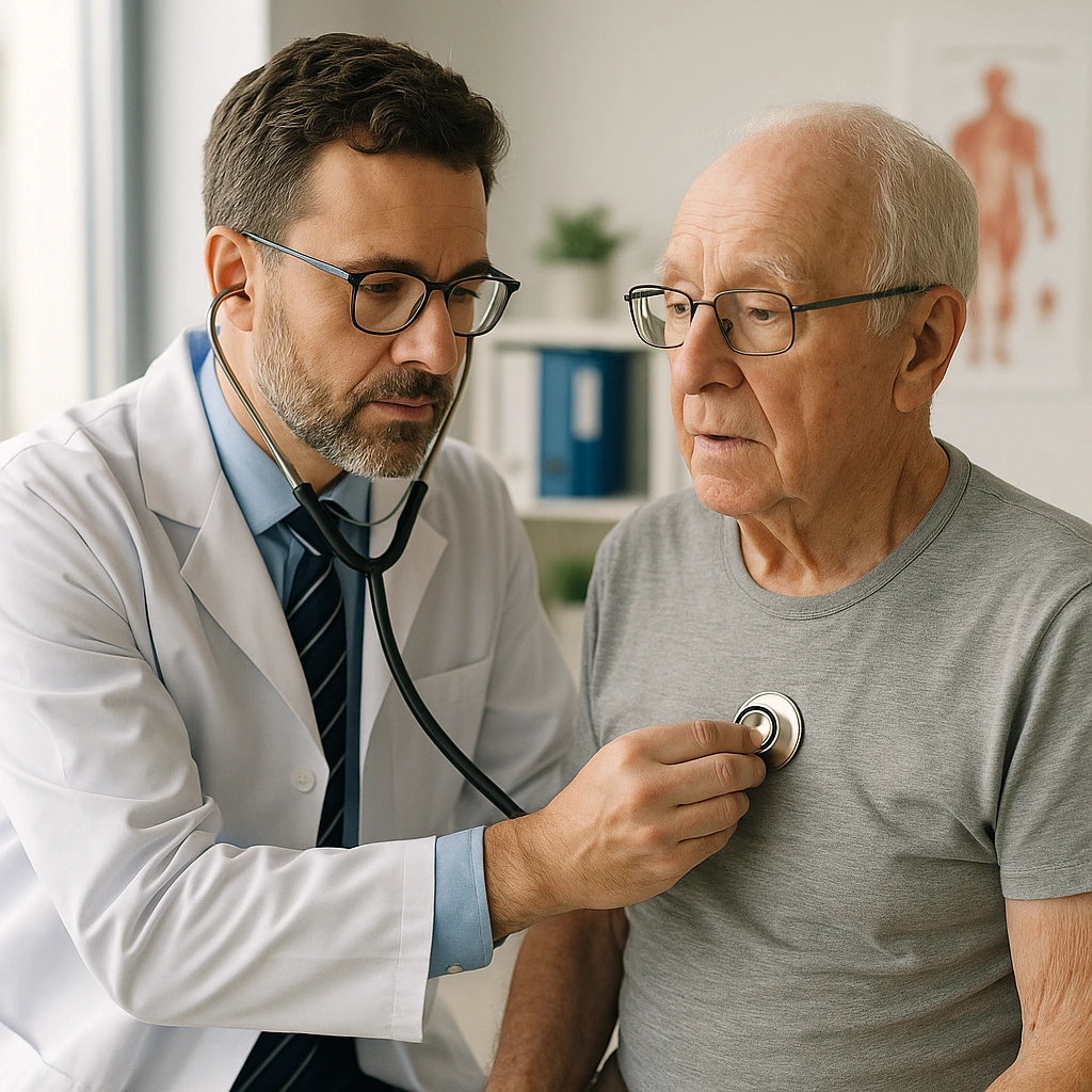 Médico realizando avaliação cardiológica em paciente idoso antes do exercício