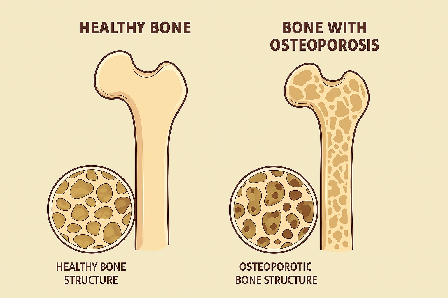 Infográfico comparativo: densidade óssea saudável vs osteoporose em idosos