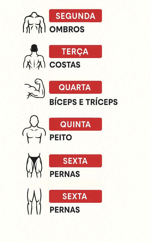 Infográfico mostrando divisão de treino ABCDE para academia segunda a sexta
