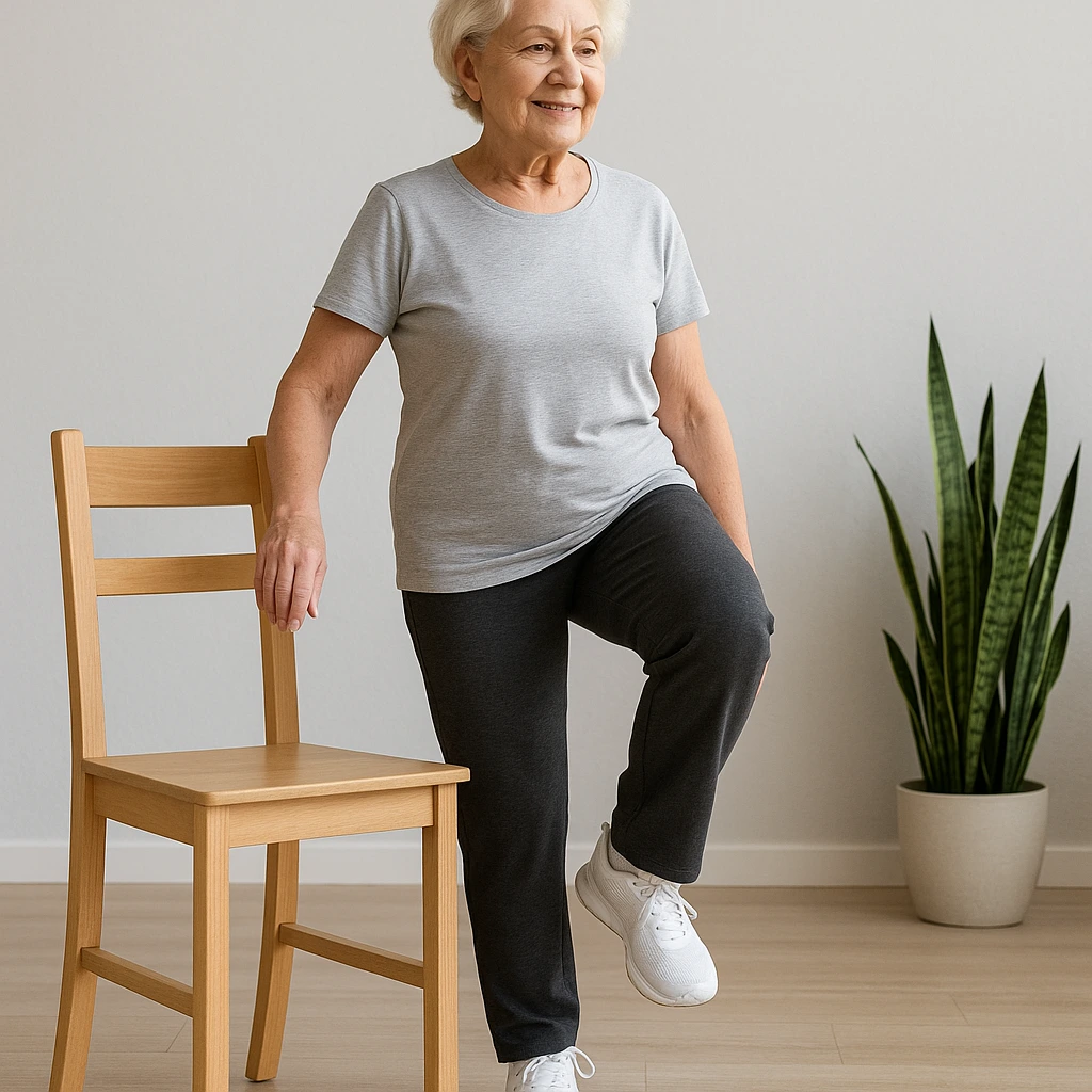 Idosa praticando exercício de equilíbrio com apoio para prevenção de quedas