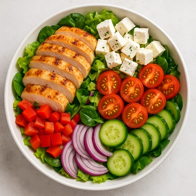 Salada colorida com frango e queijo feta