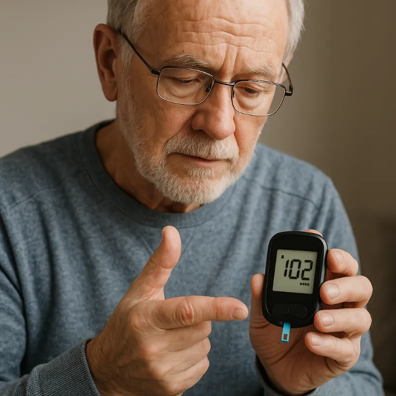 Idoso com diabetes monitorando glicemia - benefícios metabólicos da musculação