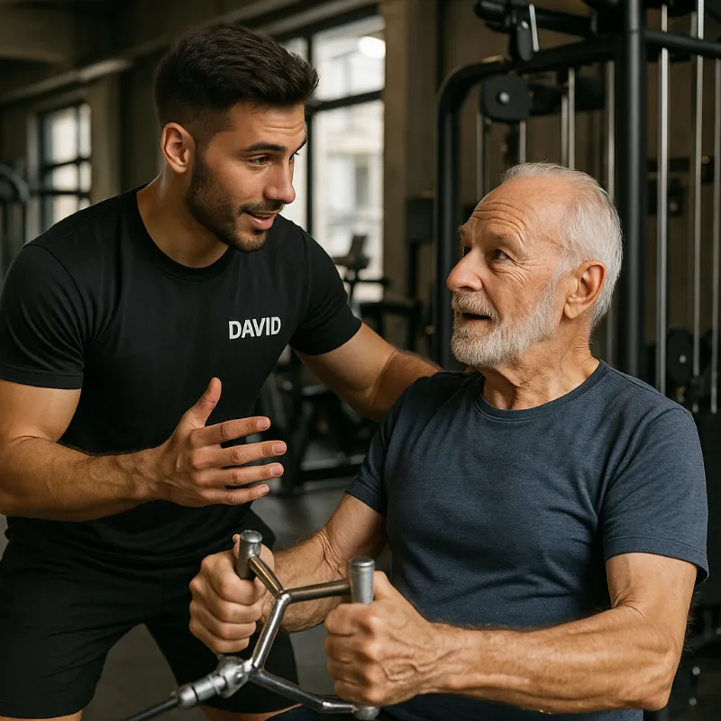 Treinador David orientando aluno idoso em exercício de musculação
