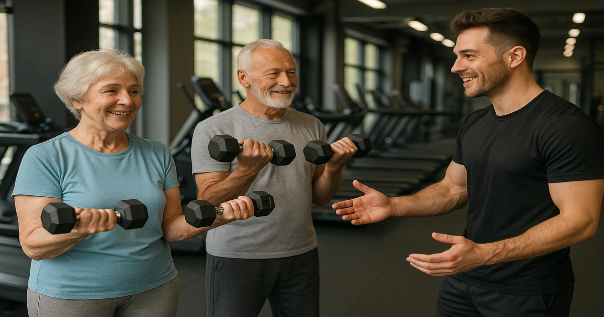 Casal de idosos praticando musculação com personal trainer - Treino seguro para terceira idade