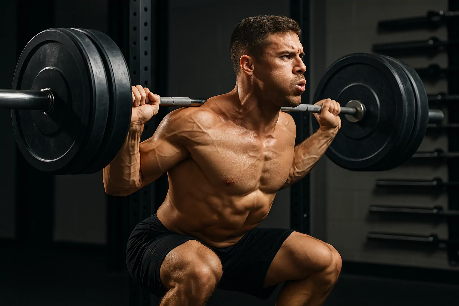 Atleta Demonstrando Respiração Correta Durante Agachamento Pesado Com Barra