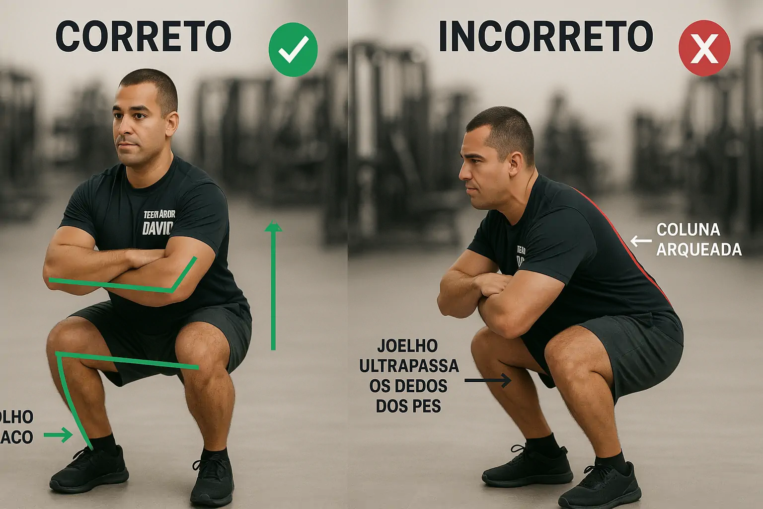 Treino de Força Para Iniciantes: Como Começar Certo 2 Comparação Entre Técnica Correta E Incorreta No Agachamento Para Iniciantes