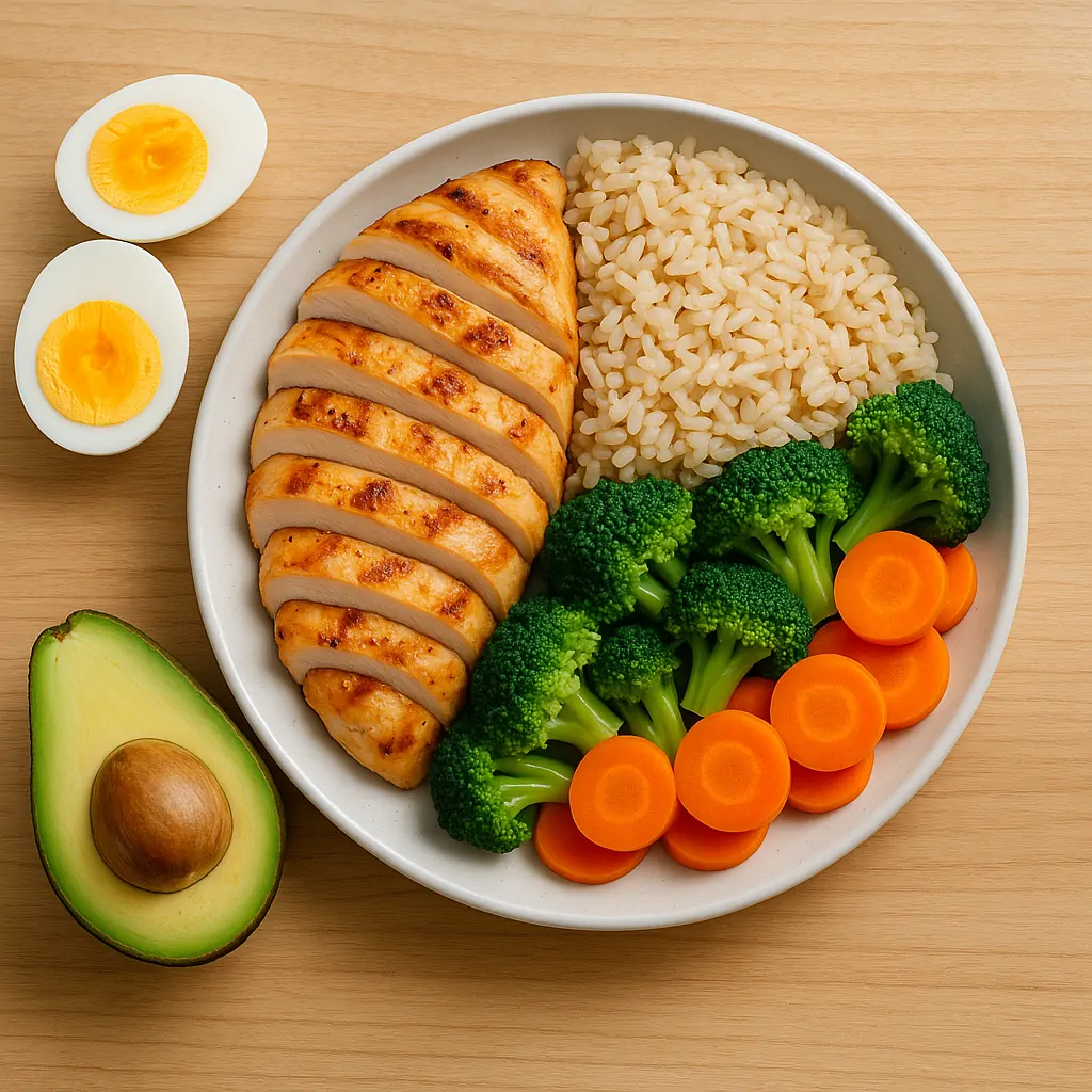 Treino de Força Para Iniciantes: Como Começar Certo 8 Prato Balanceado Mostrando Proteínas, Carboidratos E Gorduras Saudáveis