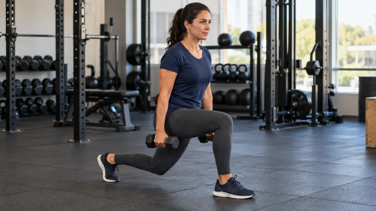 Exercícios para glúteos: como fazer e organizar o treino 4 Mulher Fazendo Afundo Com Um Halter Em Cada Mão E Os Dois Pés Apoiados No Chão.