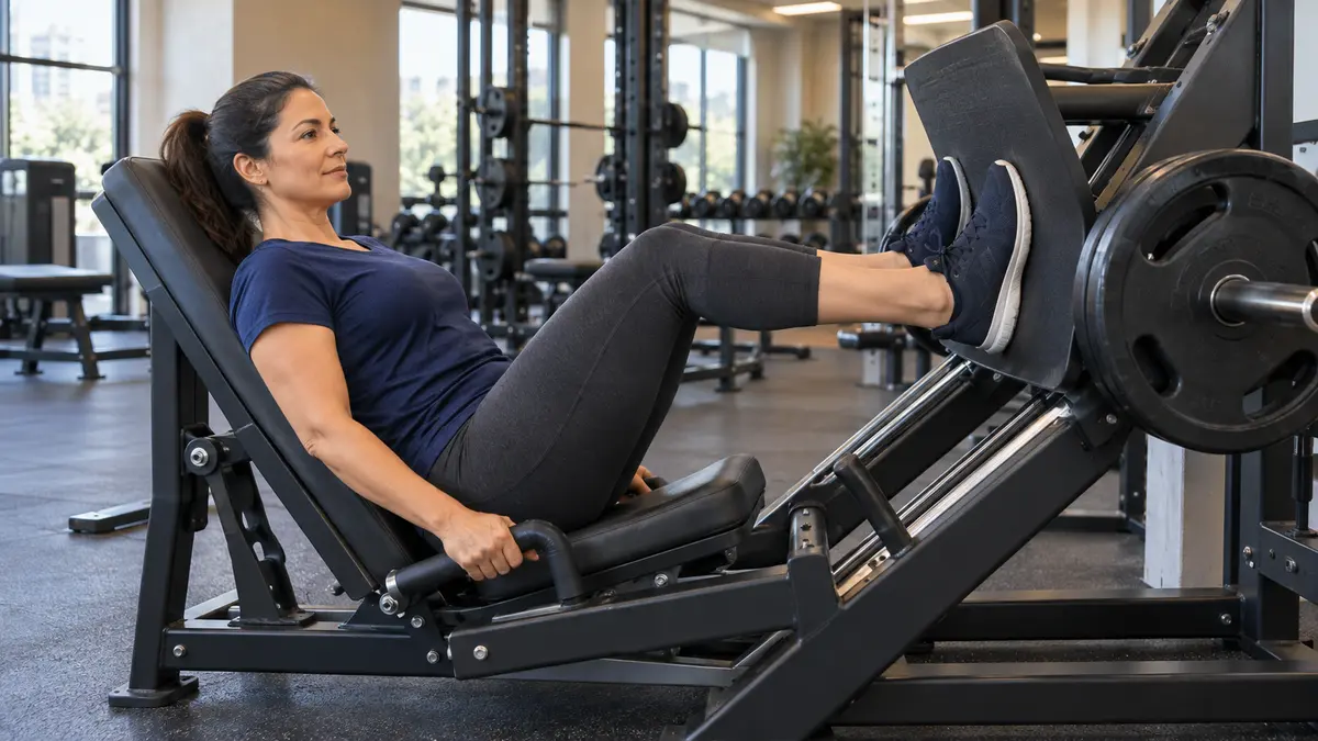 Exercícios para glúteos: como fazer e organizar o treino 6 Mulher Em Uma Máquina De Leg Press Com Costas Apoiadas E Pés Sobre A Plataforma.
