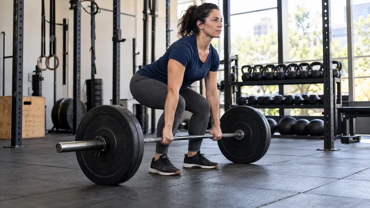 Exercícios para glúteos: como fazer e organizar o treino 3 Mulher Adulta Fazendo Levantamento Terra Com Barra Em Uma Academia.
