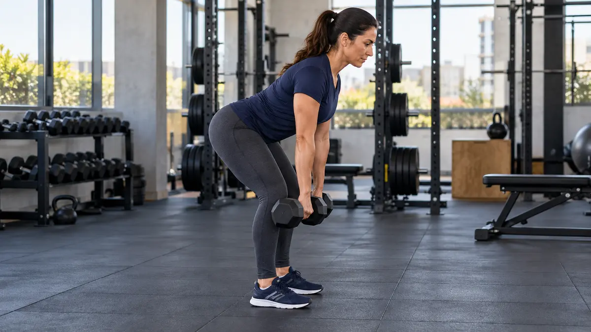 Exercícios para glúteos: como fazer e organizar o treino 5 Mulher Executando Uma Flexão De Quadril Com Halteres, Com Joelhos Levemente Flexionados.