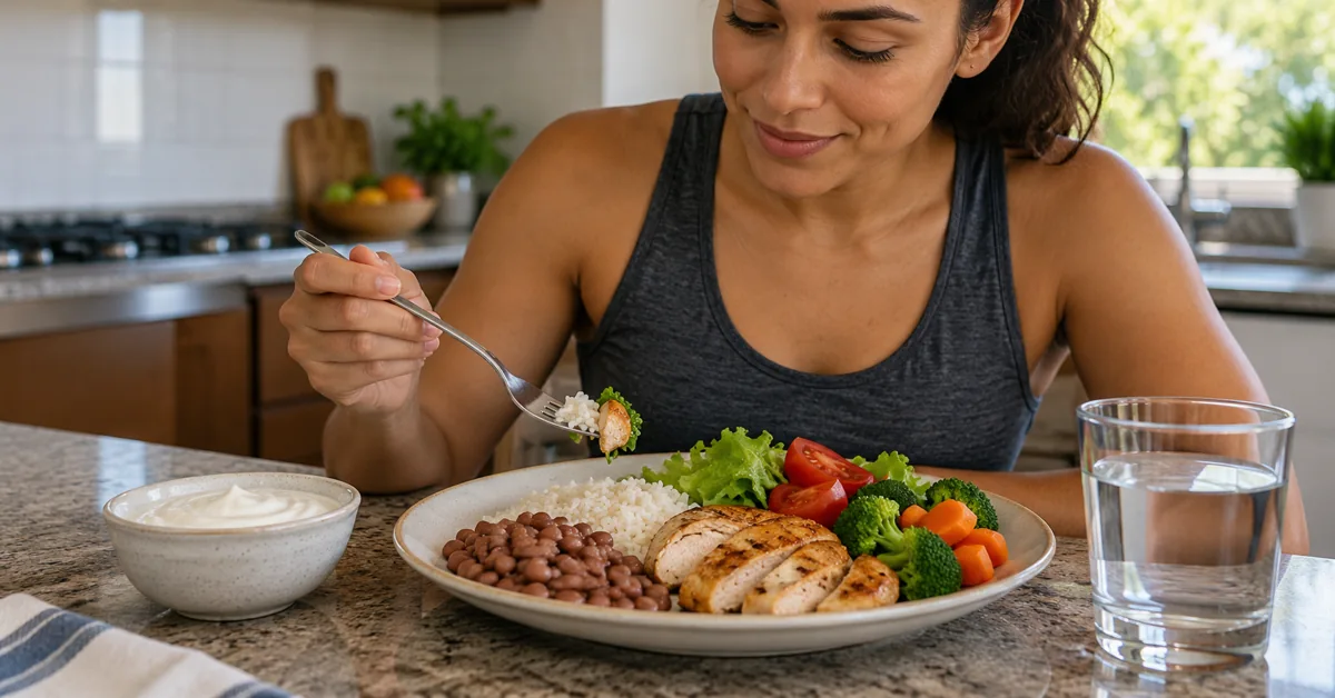 O Guia Definitivo: O Que Fazer Para Emagrecer de Forma Saudável e Sustentável (Passo a Passo) 2 Refeição Com Arroz, Feijão, Frango E Legumes Acompanhada De Água.