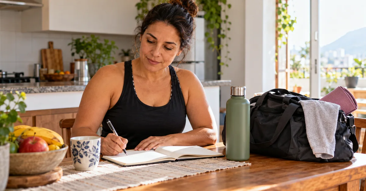 O Guia Definitivo: O Que Fazer Para Emagrecer de Forma Saudável e Sustentável (Passo a Passo) 3 Mulher Planejando A Rotina Semanal Com Caderno E Materiais De Treino Por Perto.